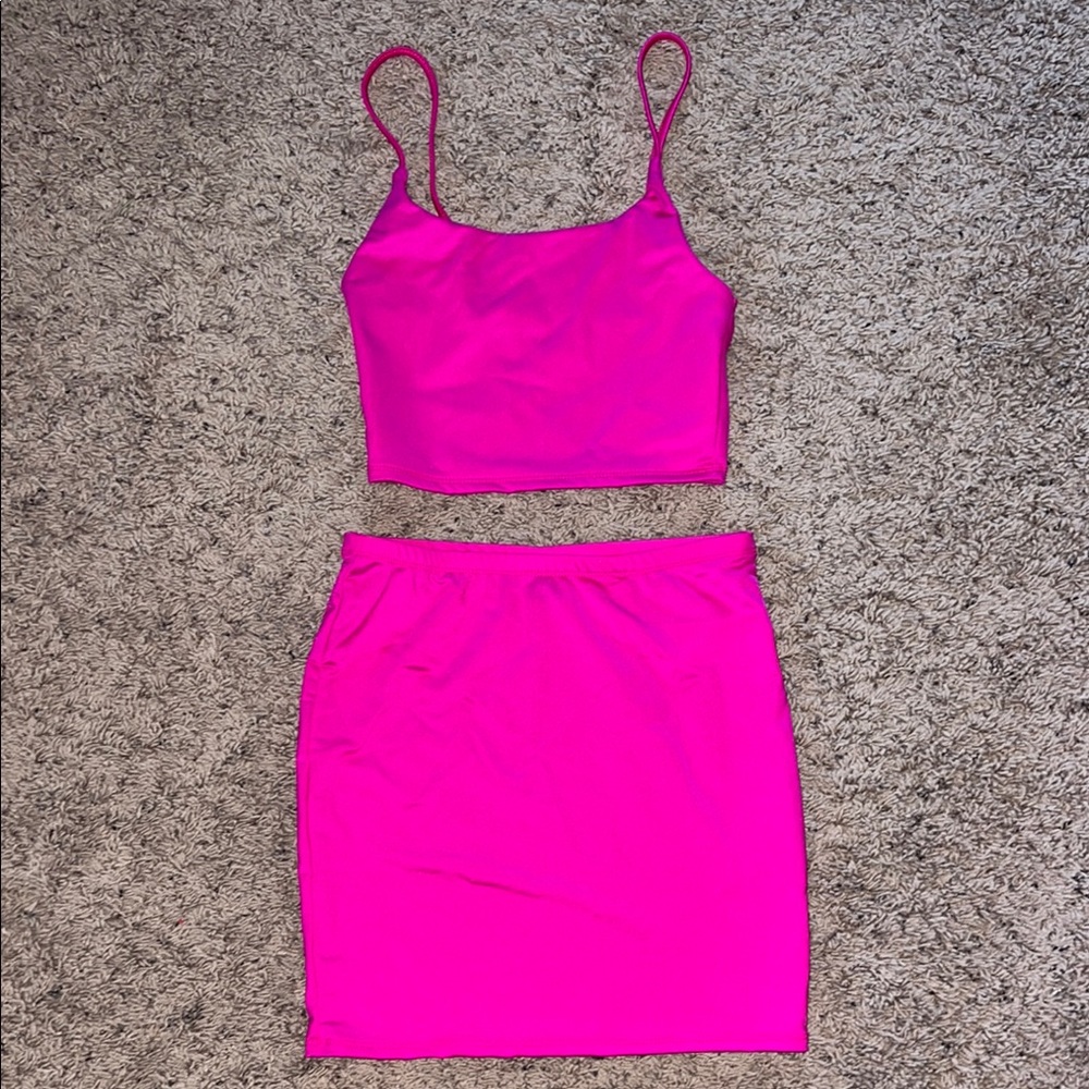 SHEIN Petite Hot Pink Camo Crop Top & Bodycon Skirt Set